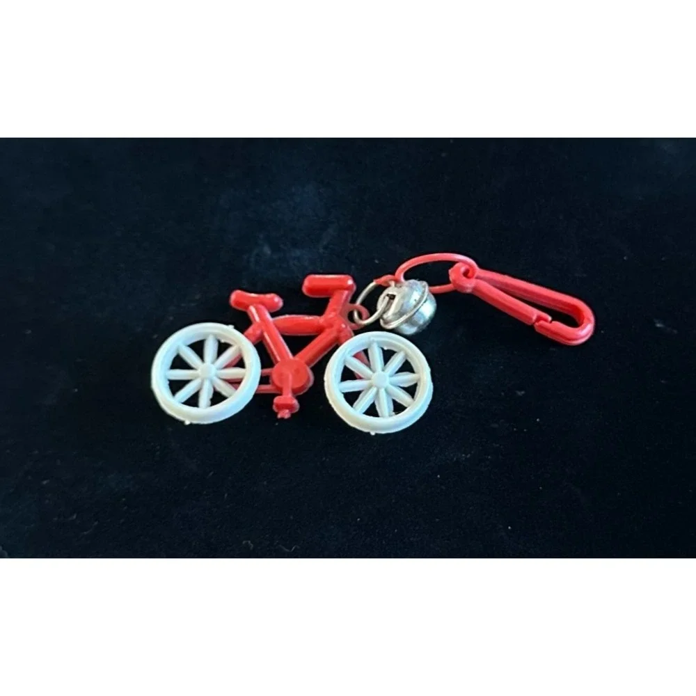 Vintage 1980s Plastic Bell Charm Red‎ Bicycle Bike Moves Clip-on 80s Necklace